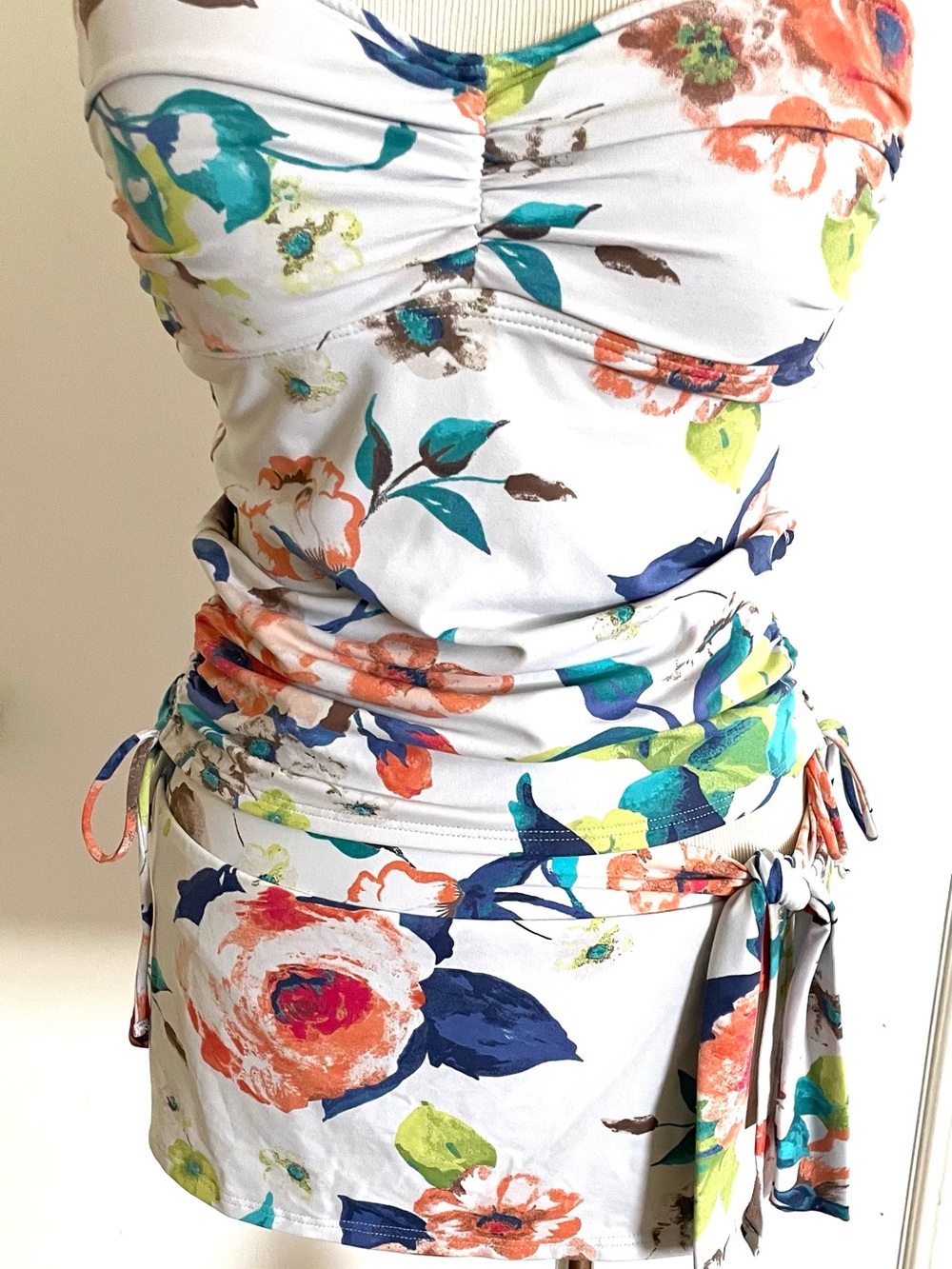 Floral Bandeau Tankini Swimdress in White with Multicolor Print